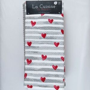 Kitchen Towel Set Of Four (4) Hearts & Stripes  On White (2) Solid Grey NWT